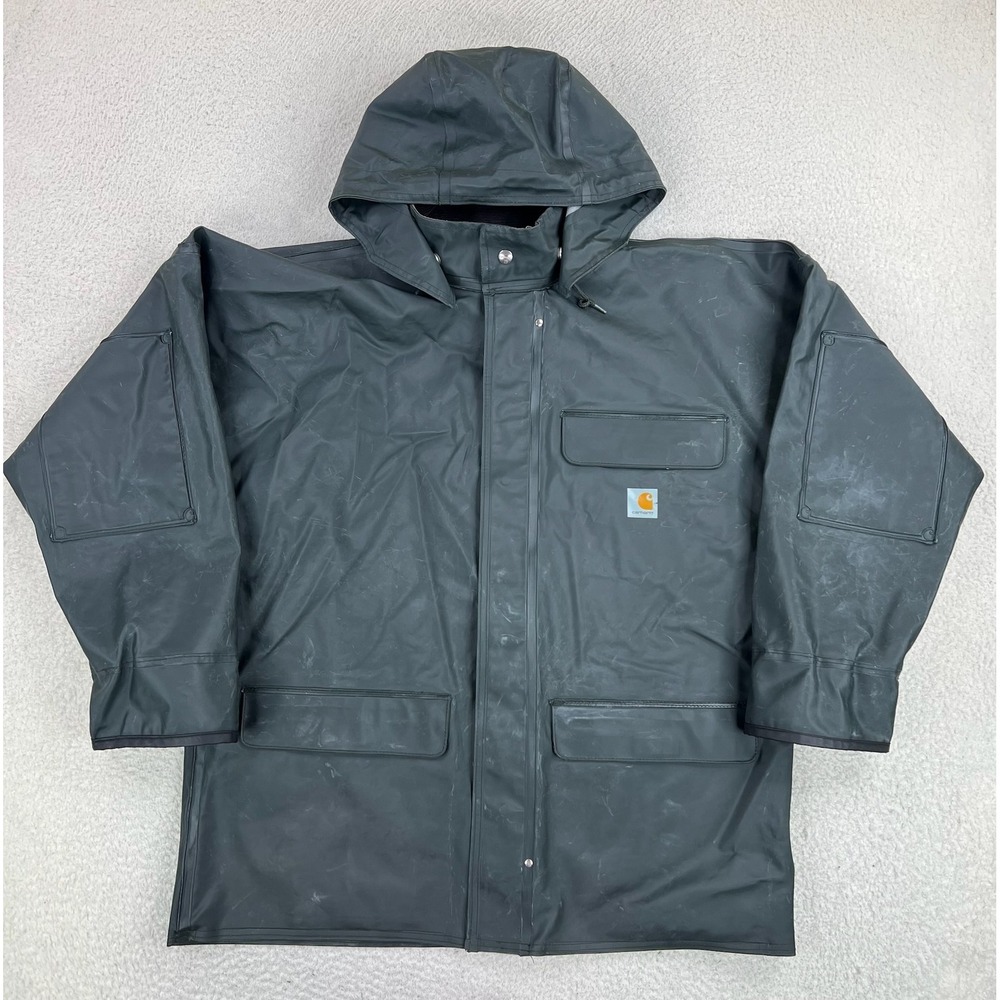 Carhartt Coat Mens Medium Gray Surrey PVC Rain Hooded Weathergear 100100 300